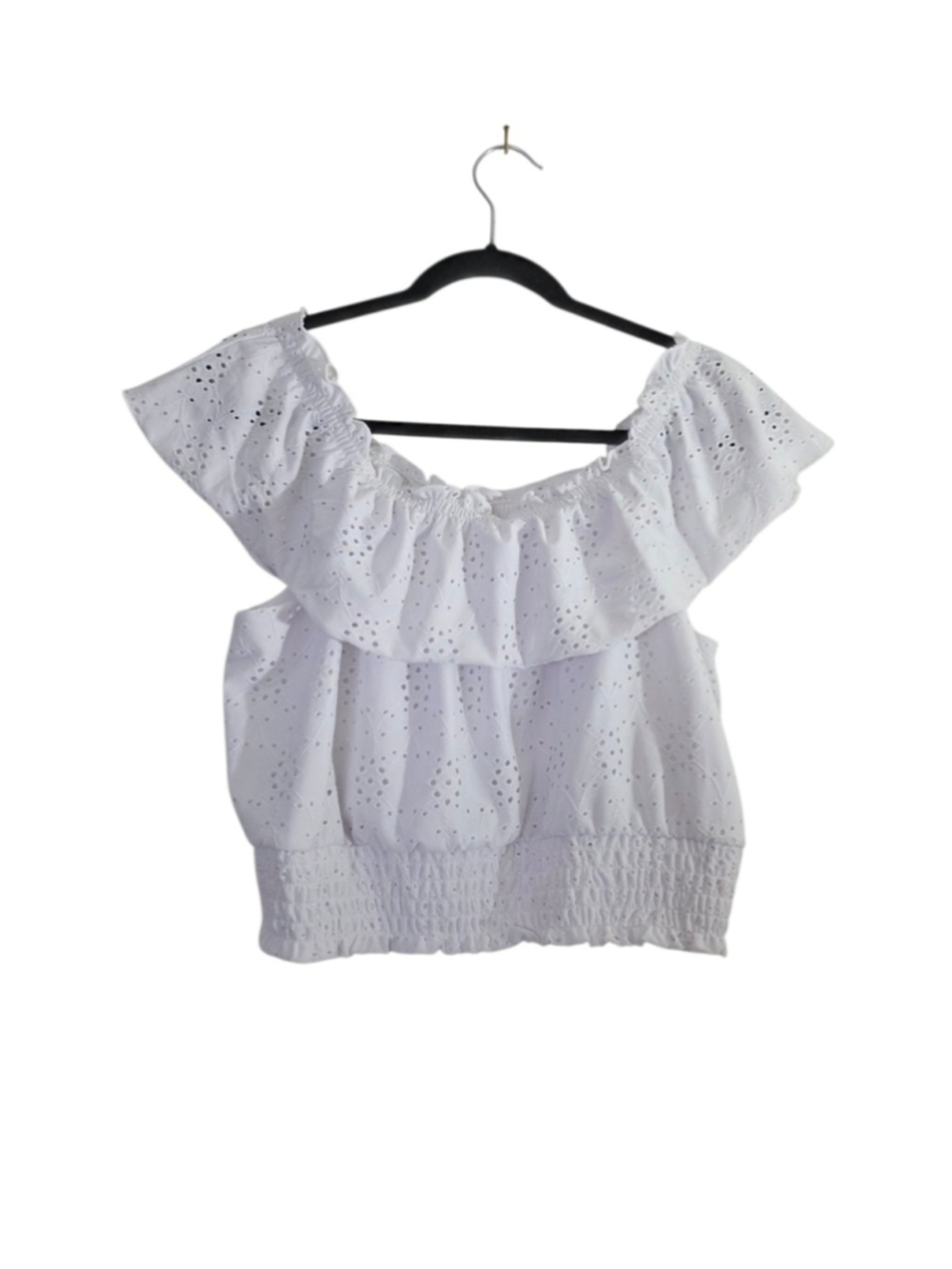 Barr lll Women's Blouse Tank Top White Size Large Crop Off Shoulder Ruffle - Picture 2 of 4